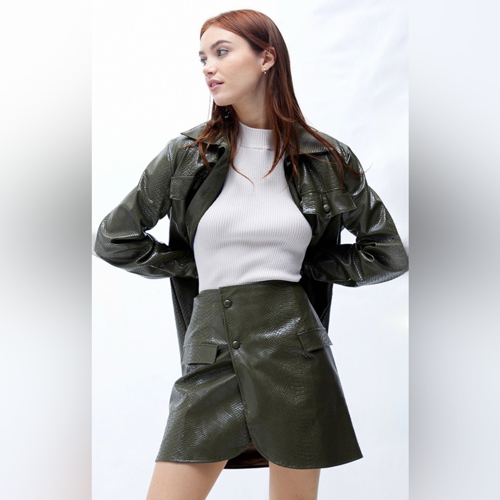 Anthropologie 4SI3NNA Olive Faux Crocodile Wrap Mini Skirt | XS